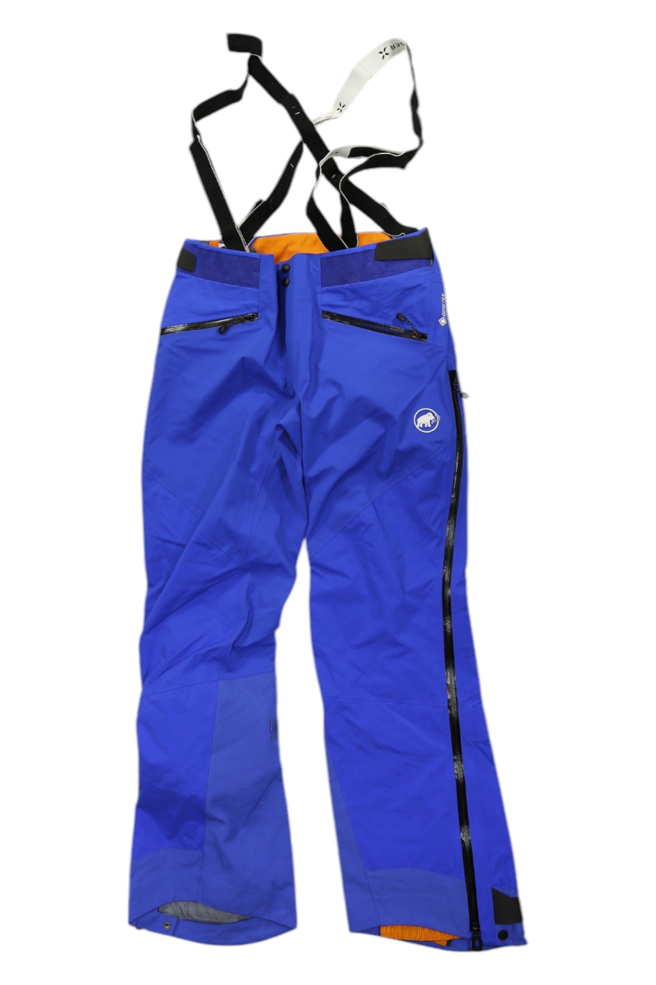 The Mammut Mens Nordwand Pro HS Pant in bright blue GORE-TEX features black adjustable suspenders, zipper pockets, side zippers, reinforced gray cuffs, and an orange lining—perfect for alpine sports—shown flat on a white background.