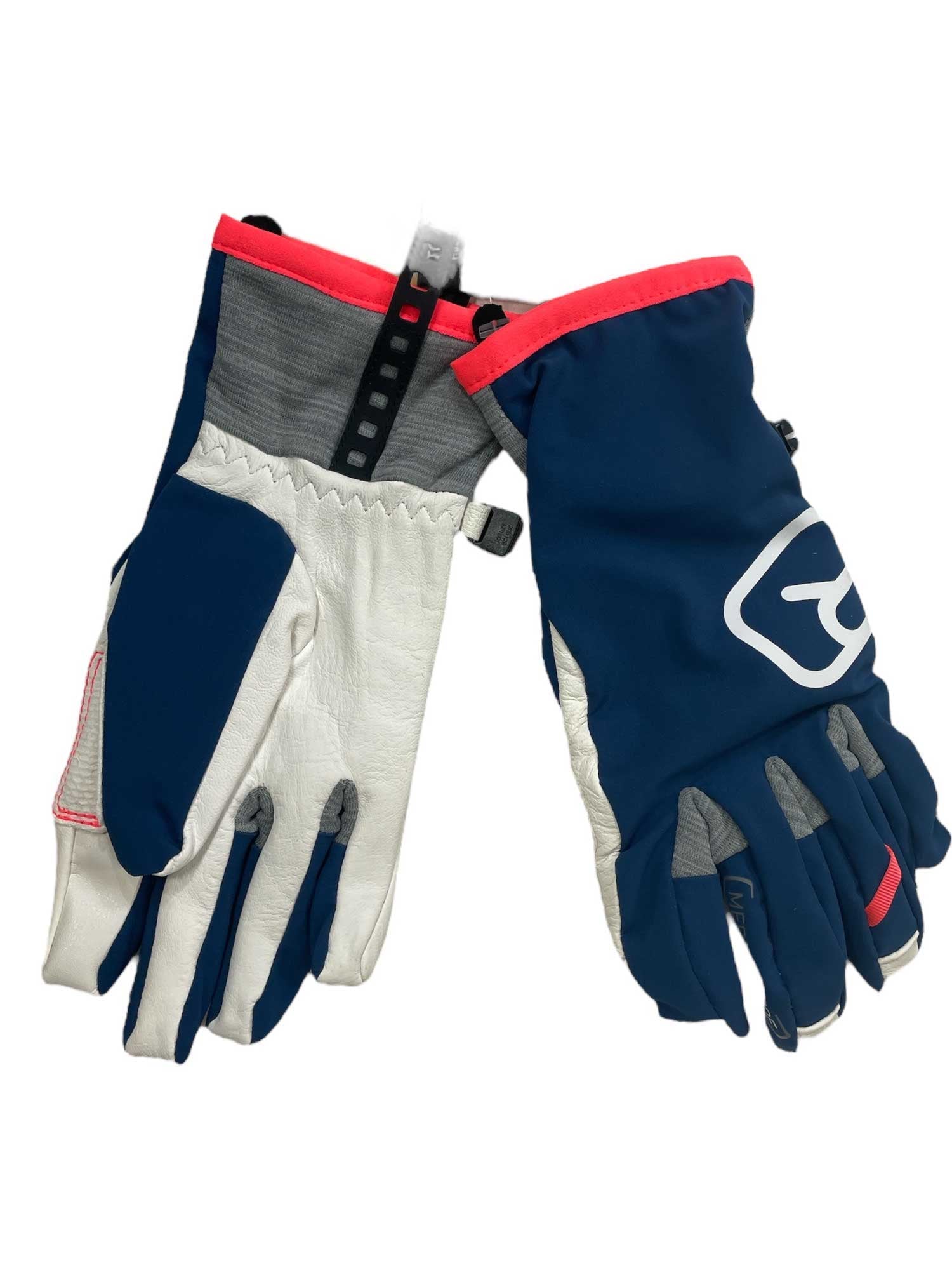 A pair of Ortovox Womens Tour Gloves in blue, white, and gray with red trim, reinforced palms and fingers, logo on the back of one glove. The gloves are laid flat and overlap each other.
