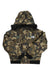 The North Face Boys Gotham Jacket features a camouflage pattern, black fur-trimmed hood, and black cuffs—ideal as a boys' insulated winter jacket. Displayed against a white background.