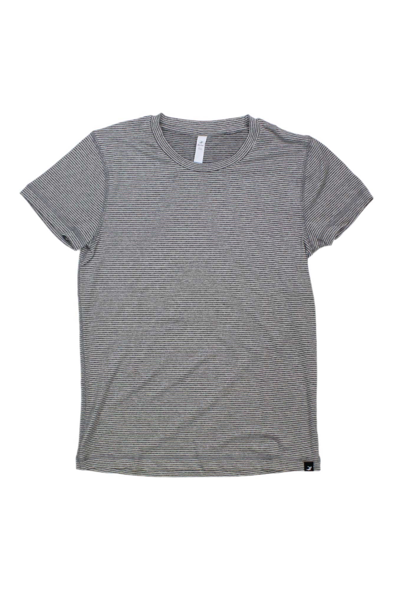 The Glyder Womens Simplicity Tee is a lightweight, short-sleeve crew neck athleisure t-shirt featuring thin black and white horizontal stripes, shown laid flat on a white background.