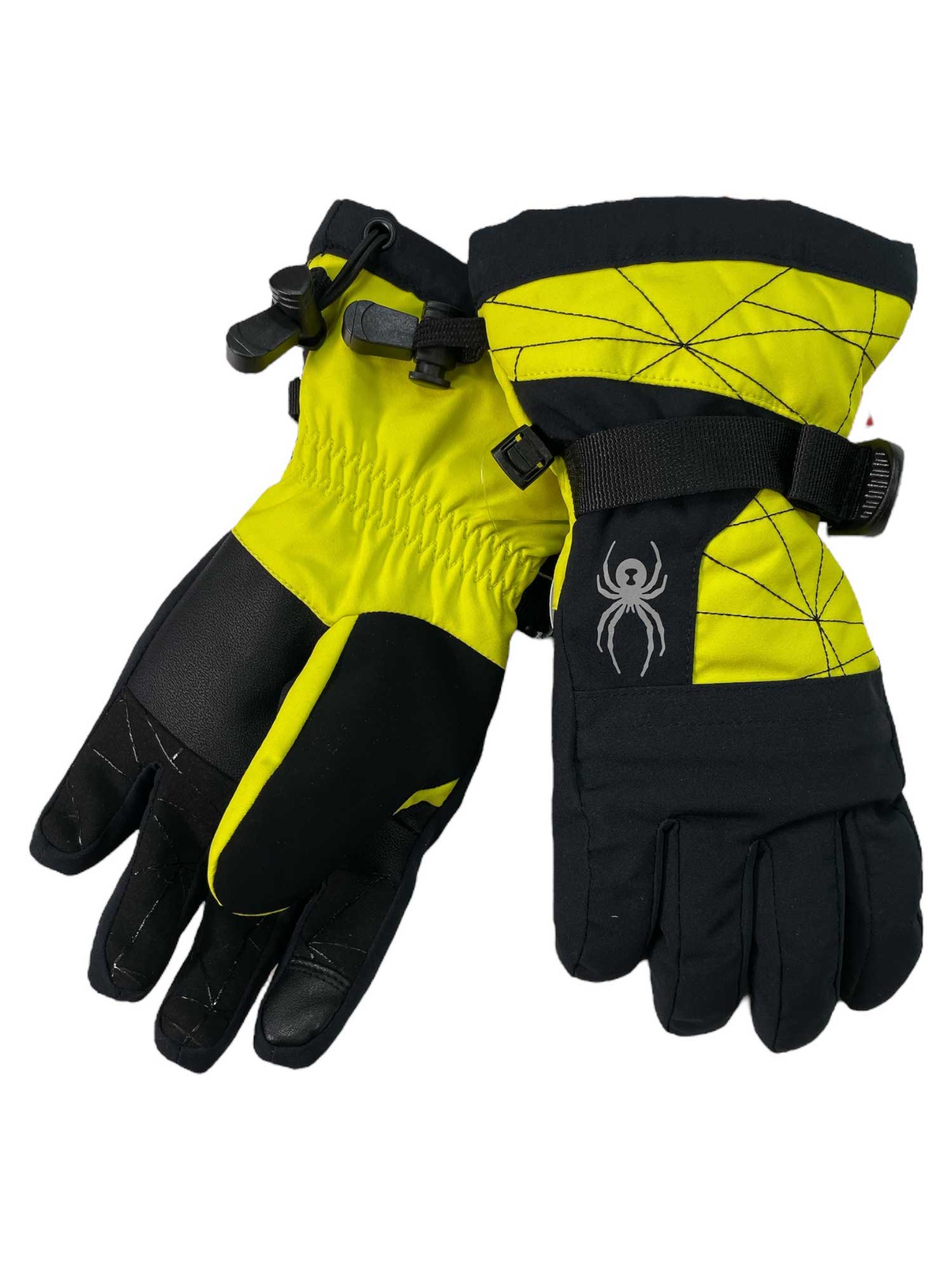 The Spyder Boys Overweb Glove is a pair of yellow and black Primaloft-insulated kids’ ski gloves with adjustable wrist straps and a silver spider logo, designed for outdoor use.