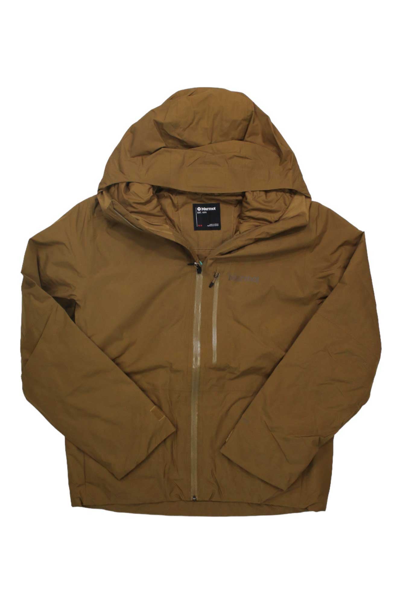Marmot Men's Lightray GTX Jacket in brown, shown flat on a white background. This waterproof, insulated winter jacket for men features a hood, front zipper, chest zipper pocket, long sleeves, and a high collar with attached hood.