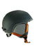 Olive green ski helmet with orange ear lining and chin strap