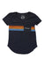 The Moosejaw Womens Peak Original Flowy V-Neck SS Pocket Tee is a dark navy top with orange, yellow, and blue chest stripes, a logo pocket, and is made from recycled polyester and organic cotton—ideal for casual outdoor wear.
