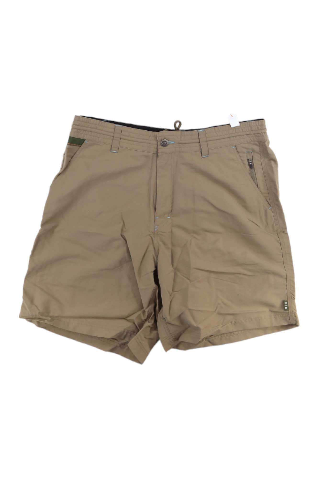 The Howler Brothers Mens Horizon Hybrid 2.0 7.5 Inch Short is a khaki men's short featuring belt loops, button and zipper closure, side pockets, a hem tag, and quick-drying fabric—ideal for fishing and shown flat on a white background.