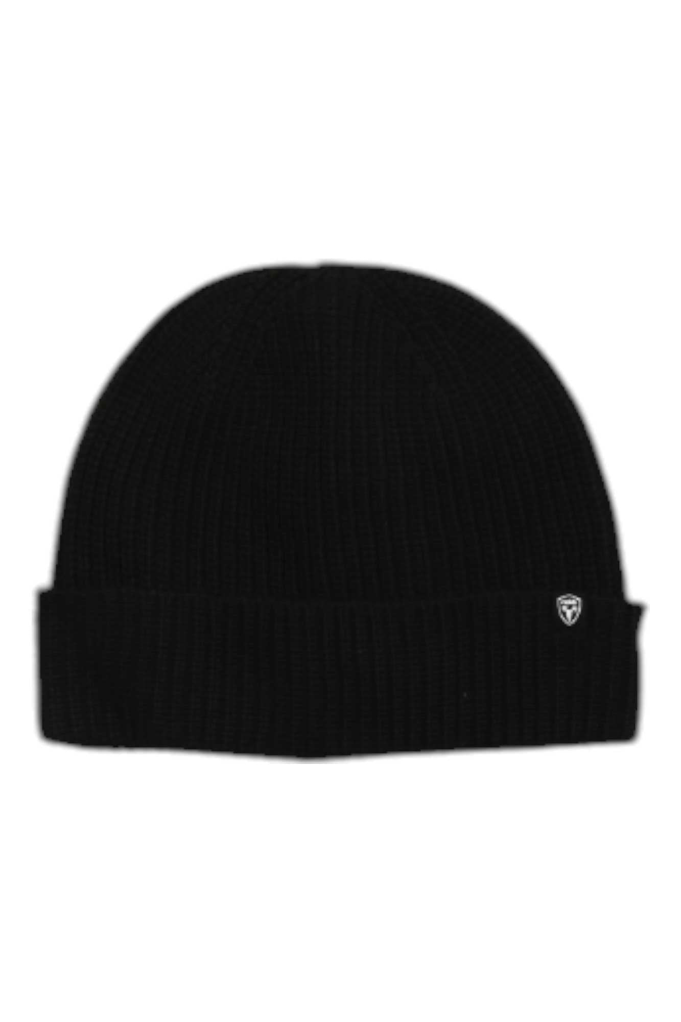 Black ribbed knit beanie with folded cuff and small logo patch