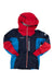 The Mammut Women’s Nordwand Light HS Hooded Jacket features a red, navy, and bright blue color block design with a front zipper and logo on the right shoulder—ideal as a waterproof hardshell for outdoor adventures.