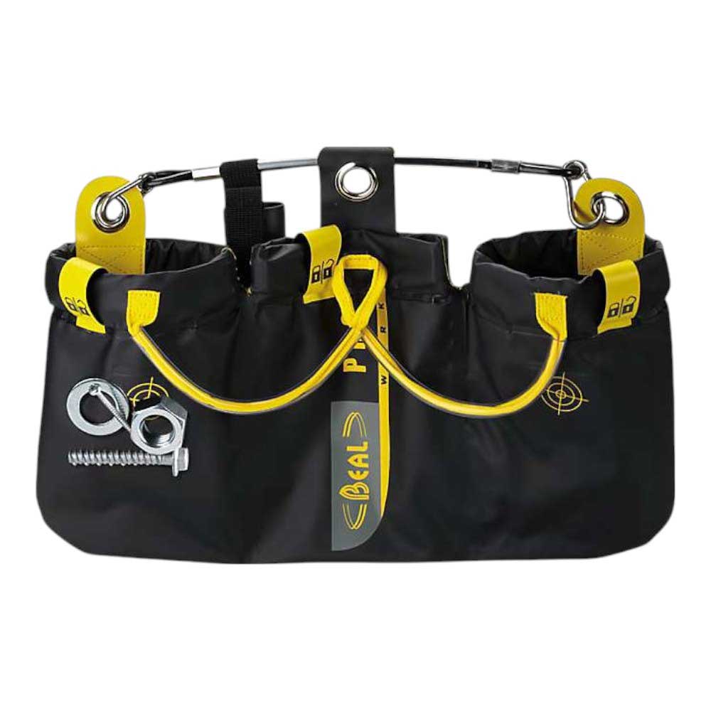 Triple tool bag in dark fabric with yellow trim, three front pockets, metal rings and handle.