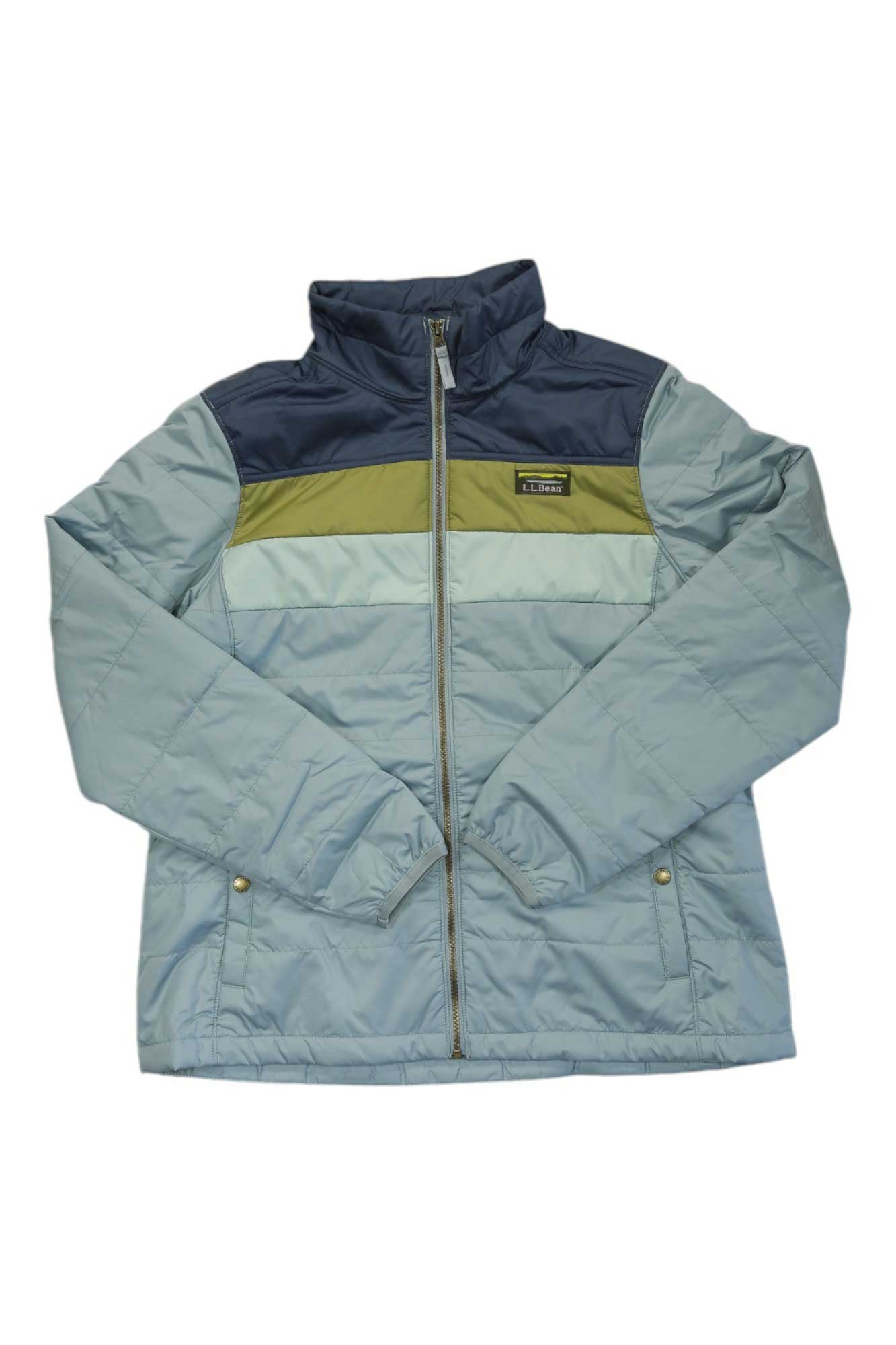 Women’s colorblock puffer jacket with full-zip; light blue, dark navy, yellow stripe