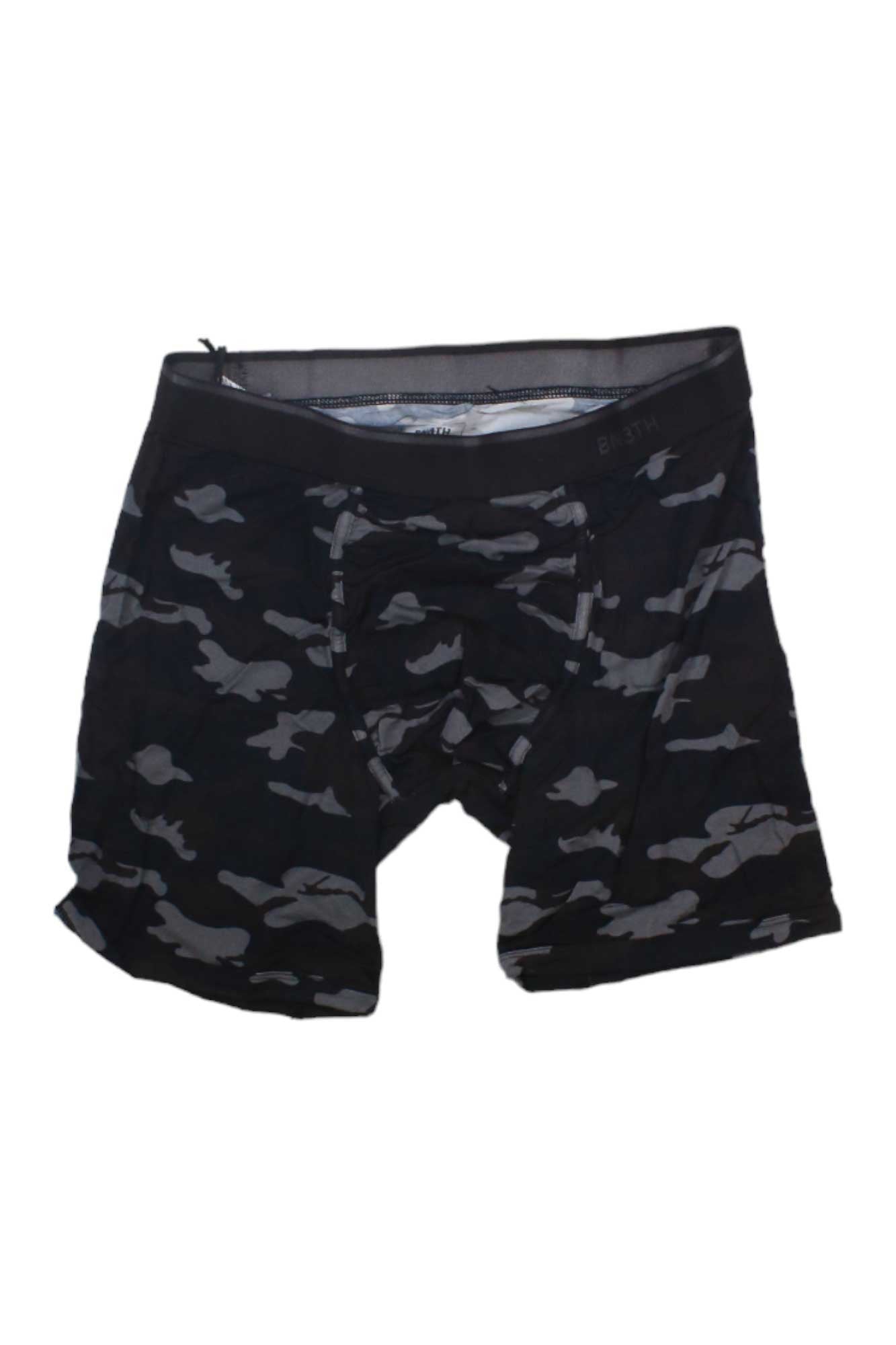 The BN3TH Mens Classic Print Boxer Brief, featuring black and gray camouflage, a lace-up front closure, and MyPakage Technology, is displayed against a white background.