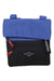 The Sherpani Womens Pica Cross Body Bag features a blue flap, black body, front zipper pocket with red pull tabs, RFID-protected pocket, and a white "sherpani" label.