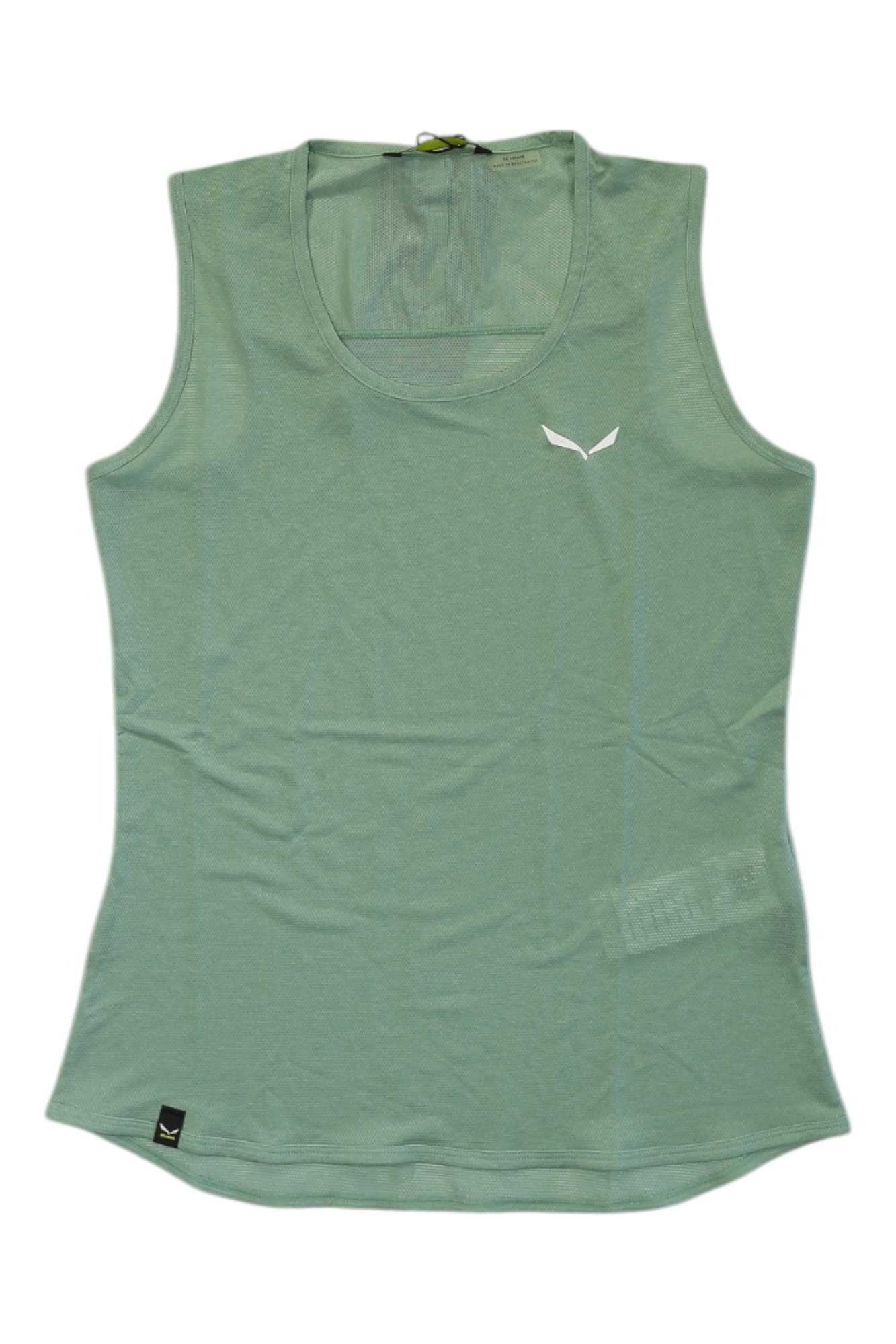 The Salewa Women's Pedroc Hybrid 2 Dry Tank is sleeveless, light green, with a small white logo on the left chest and a black label near the hem. This moisture-wicking tank is shown laid flat on a white background.