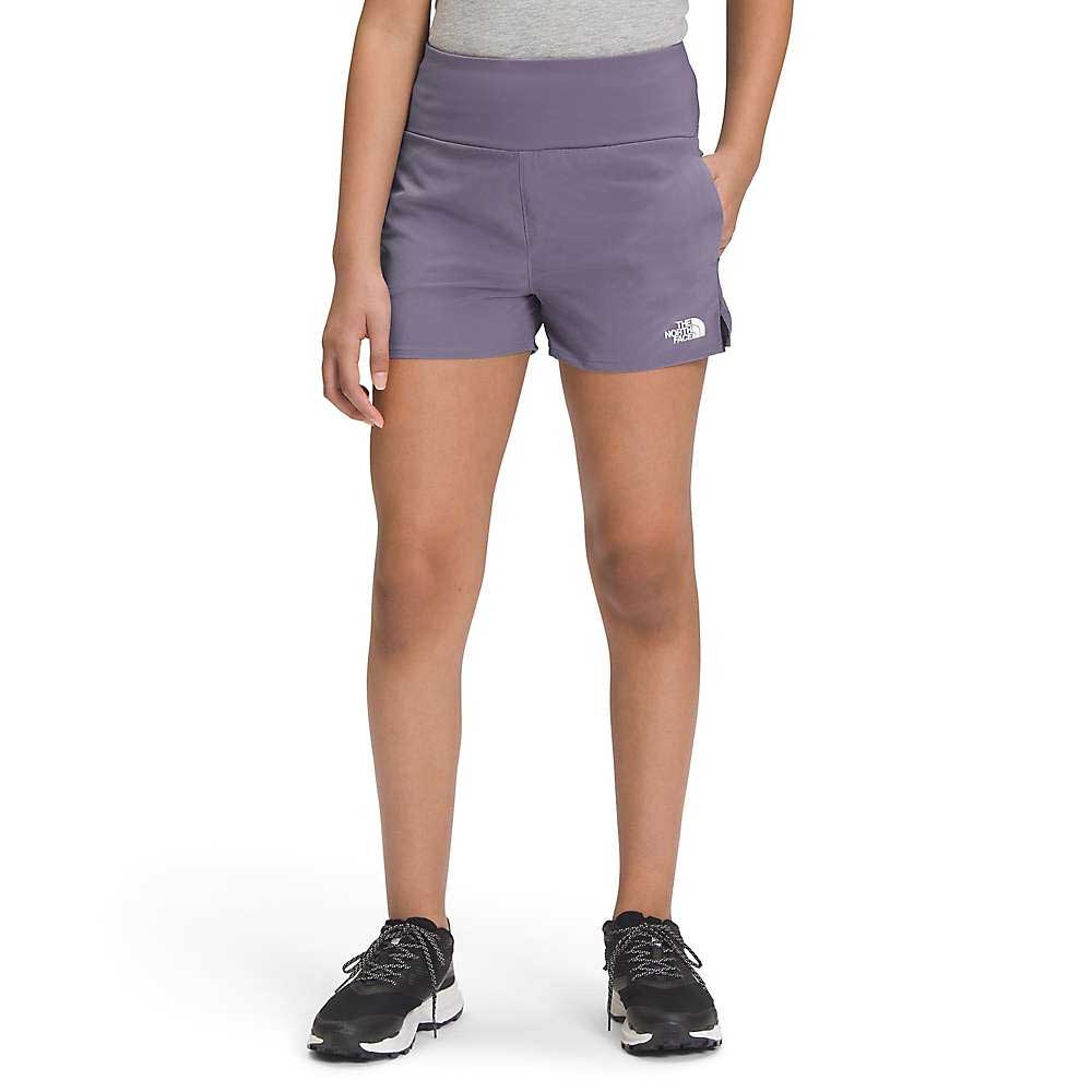 Girls' The North Face On The Trail hiking shorts, purple, elastic waistband, logo