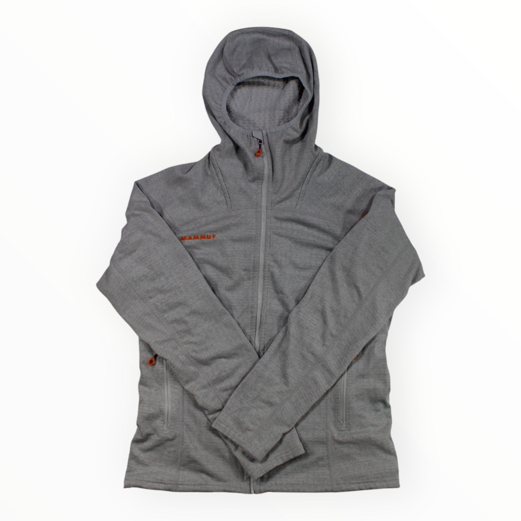 The Mammut Eiswand Guide Hooded Jacket is a gray Polartec Power Stretch Pro fleece zip-up with a hood and two side pockets, shown flat with crossed sleeves—perfect for outdoor adventures.