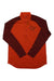 The Norrona Mens Pureull Zip Neck Top is a long-sleeve athletic shirt with a red-orange body, darker red sleeves, a stylized face logo on the left chest, and moisture-wicking fabric for all-day comfort.