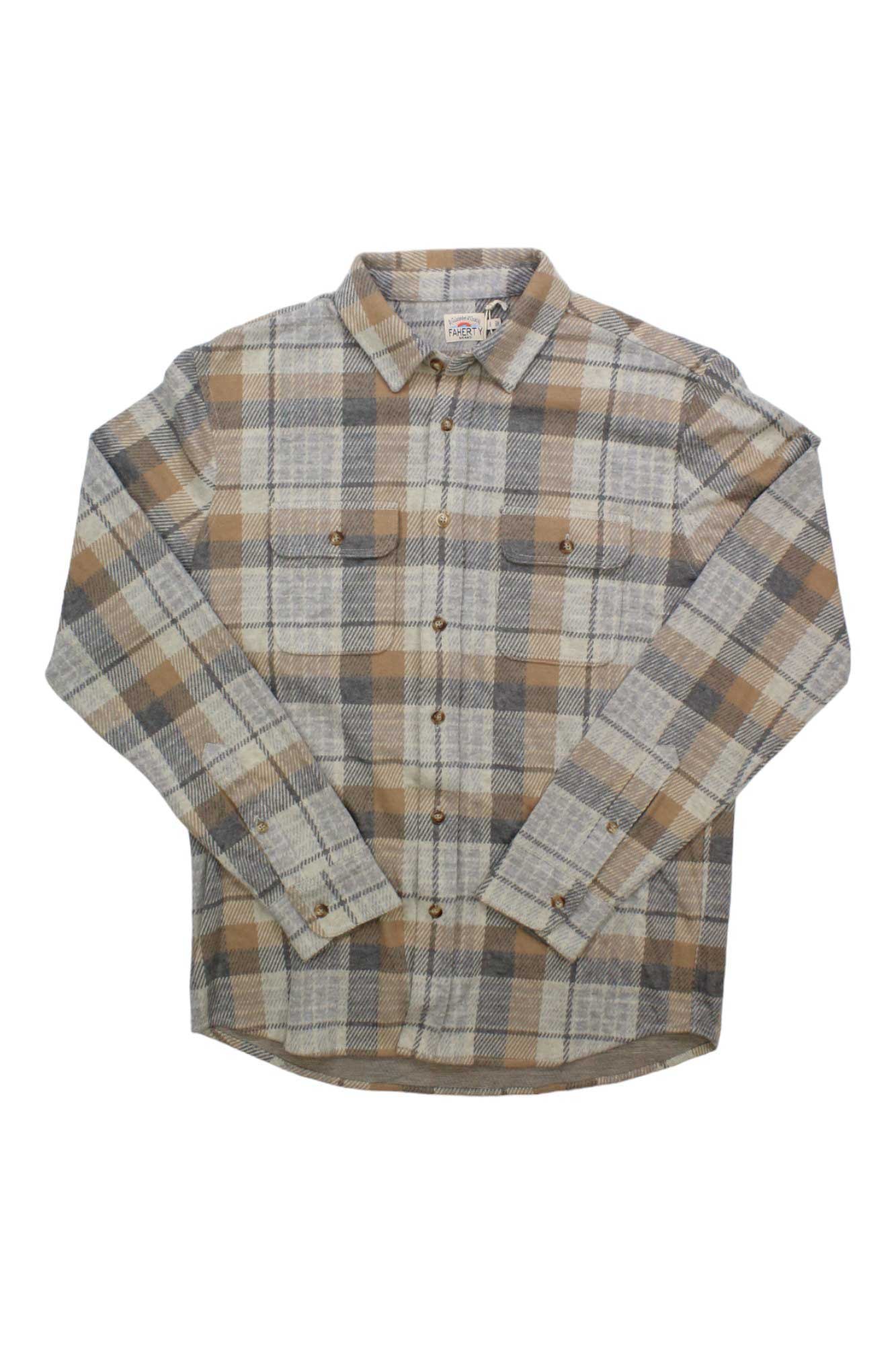 The Faherty Mens Legend Sweater Shirt is a plaid button-up flannel in beige, tan, gray, and white with two chest pockets and button flaps, blending timeless style and cozy comfort.