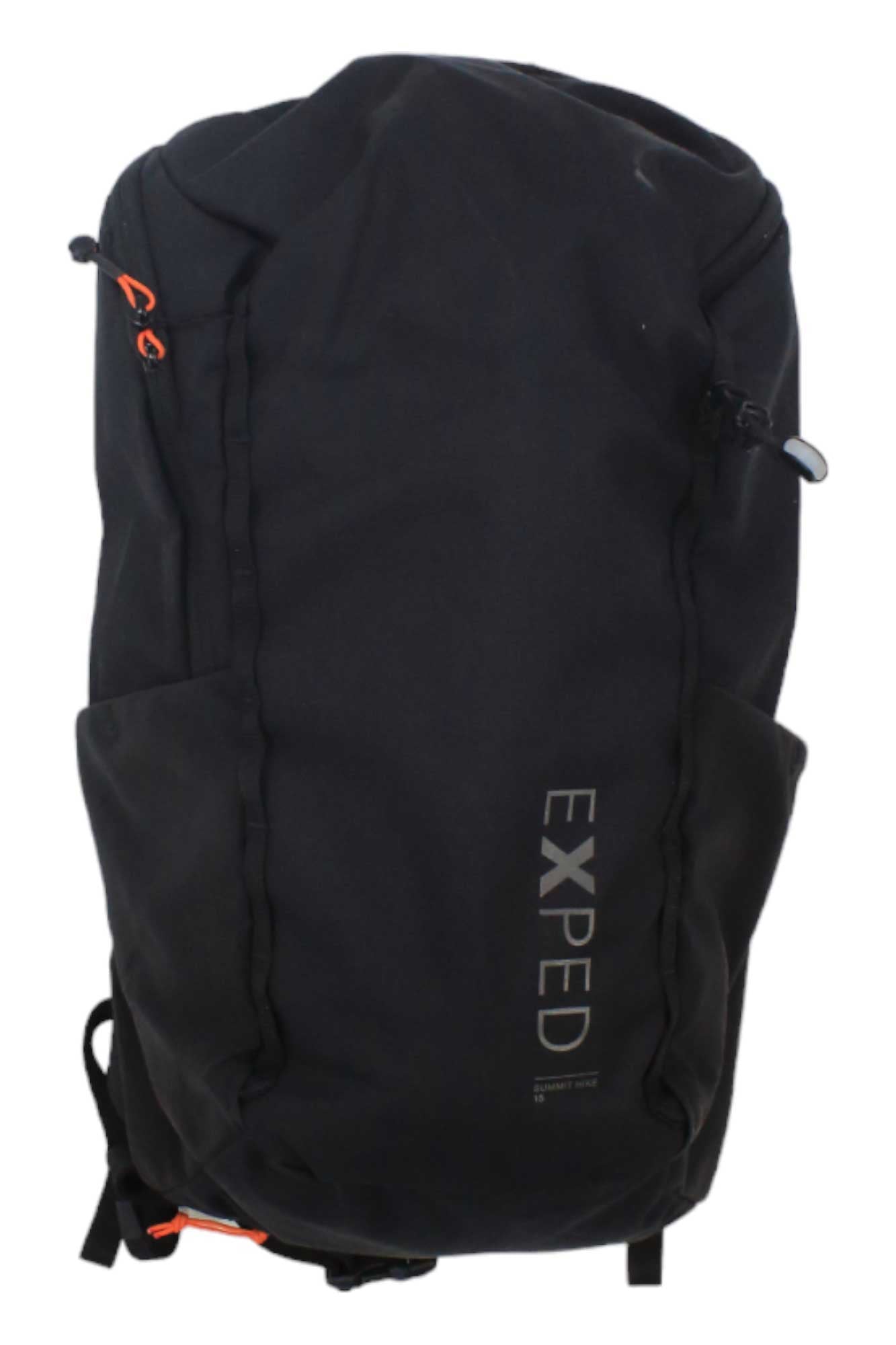 Exped Summit Hike 15 pack, black backpack with front pocket and hanging cords