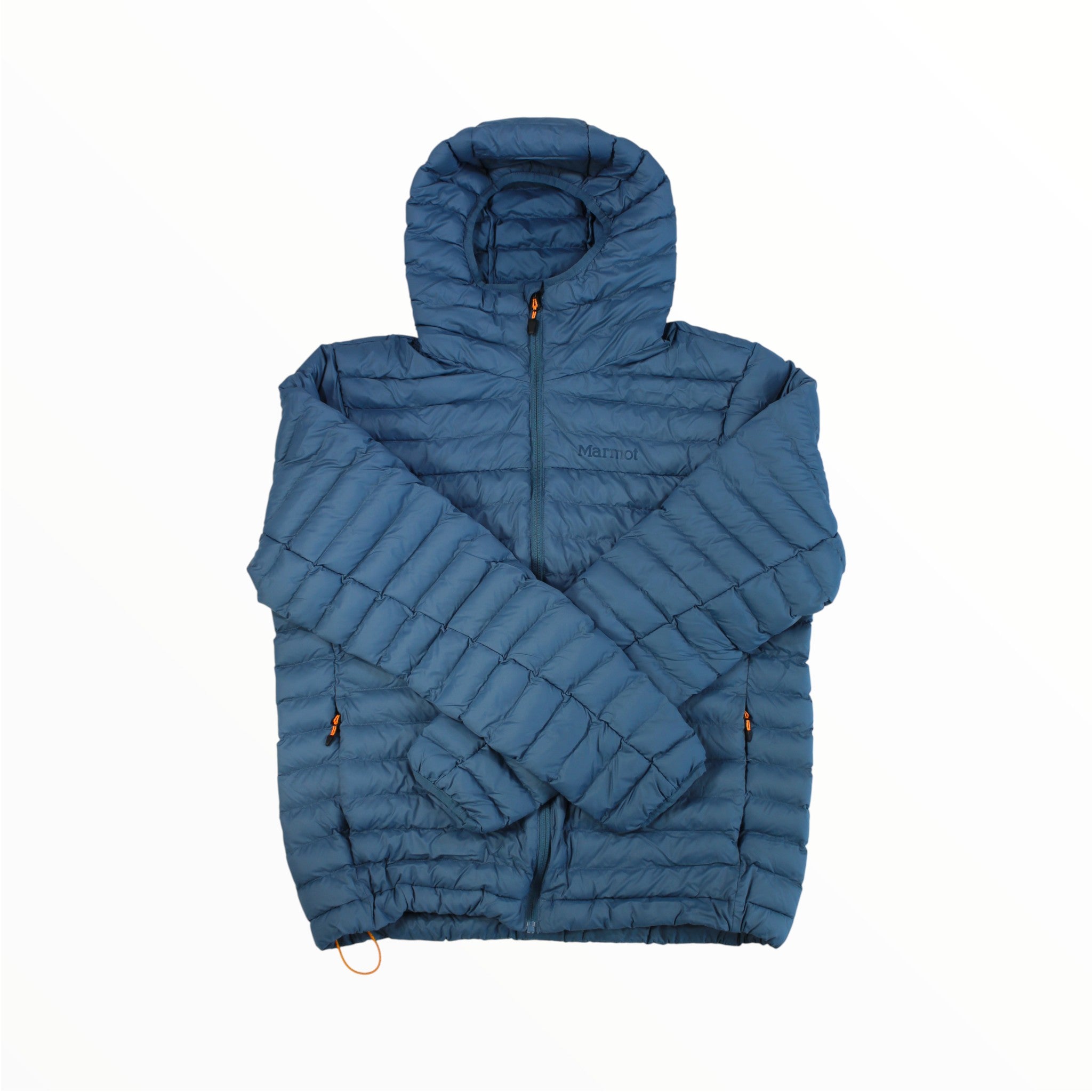 The Marmot Featherless Hoody, a blue synthetic insulated jacket with a hood, is laid flat on a white background. Its sleeves are crossed over the front, showing the front zipper and side pockets with bright orange zipper pulls.