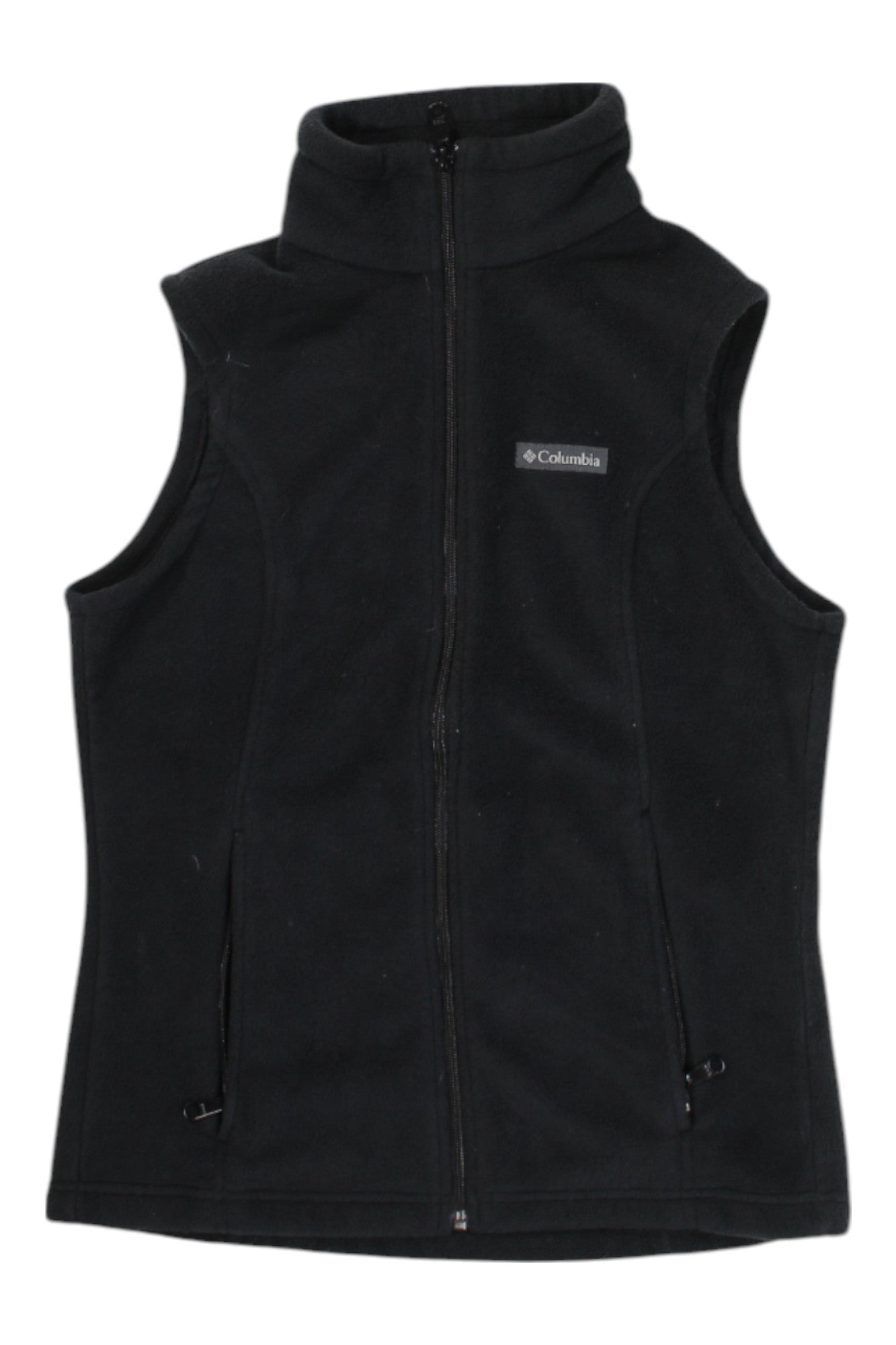The Columbia Womens Sawyer Rapids 2.0 Fleece Vest is a black, sleeveless fleece with a front zipper and two zippered pockets, ideal for layering outdoors or hiking, shown against a white background.