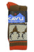 The KAVU Moonwalk Sock features colorful brown and orange patterns with deer and antlers on a wool-blend fabric, plus a mountain design on the label.