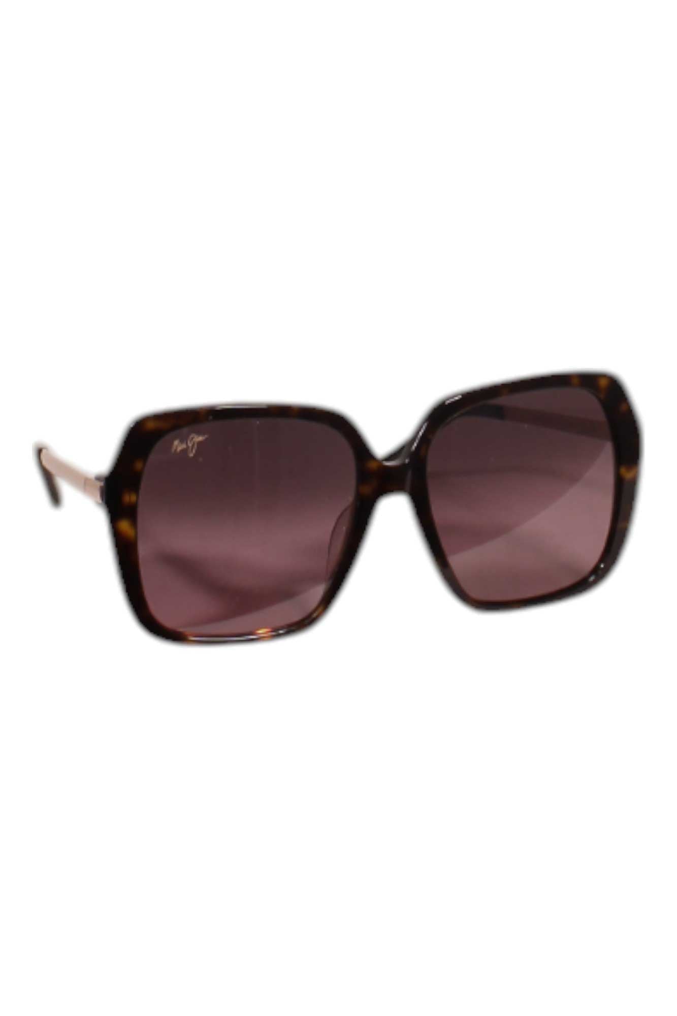 Dark tortoiseshell sunglasses with purple-tinted lenses and metal temples