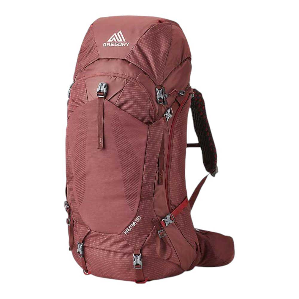 The large maroon Kalmia 60 Pack features multiple zippered compartments, adjustable shoulder harness, ventilated backpanel, padded straps, hip belt, and Gregory logo on the top flap—durable and perfect for outdoor adventures.