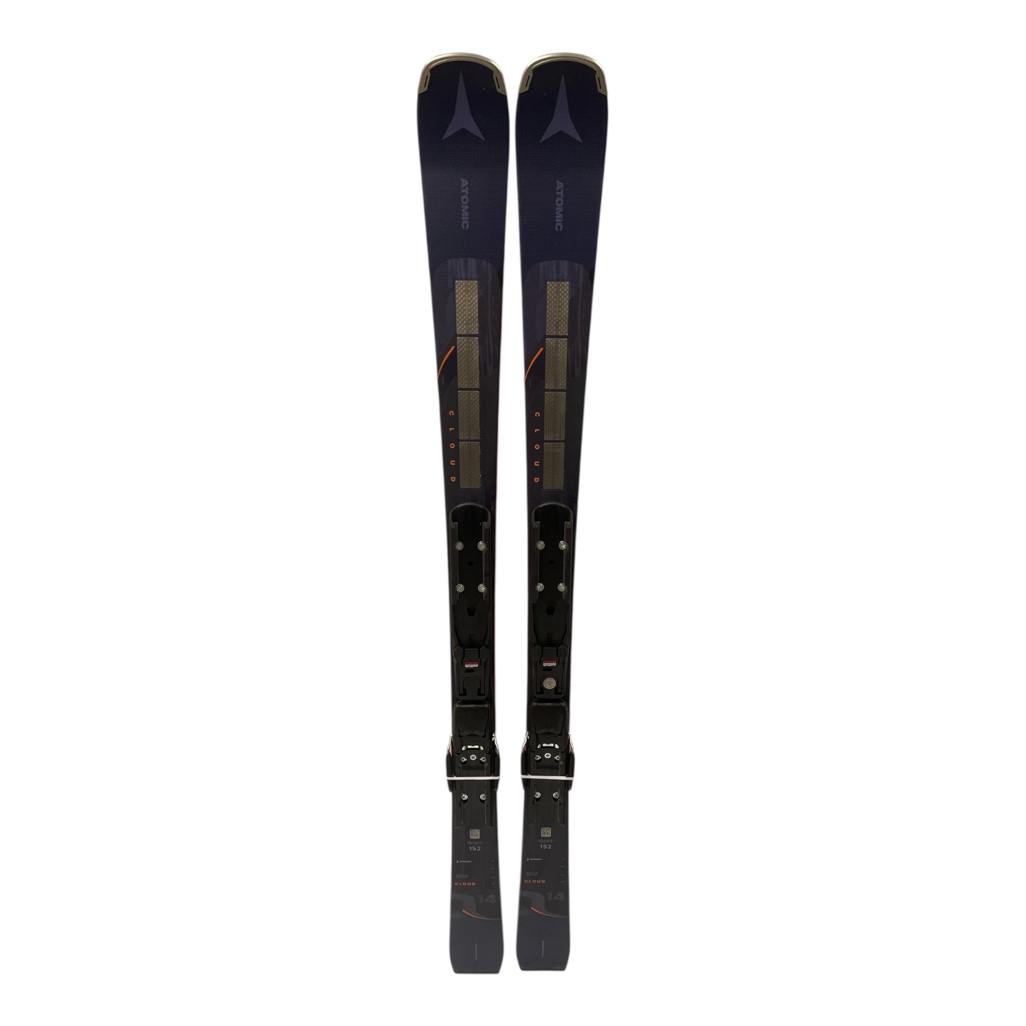 Atomic Cloud Q14 Revoshock Skis w/ Rails in black with grey bindings and orange accents, featuring Revoshock technology for smooth all-mountain skiing.