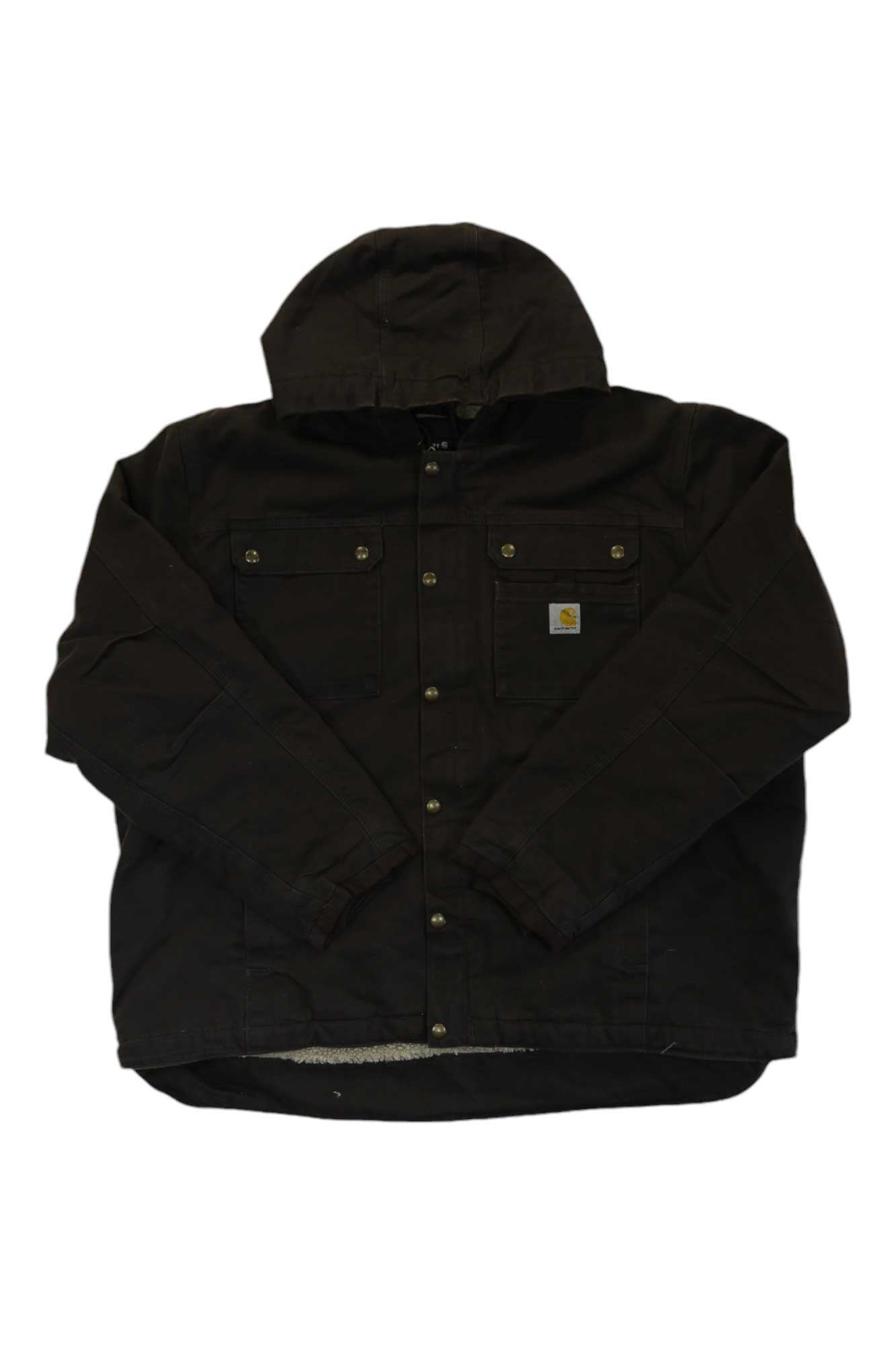 Carhartt duck jacket, dark brown, with hood and button front; chest flap pockets