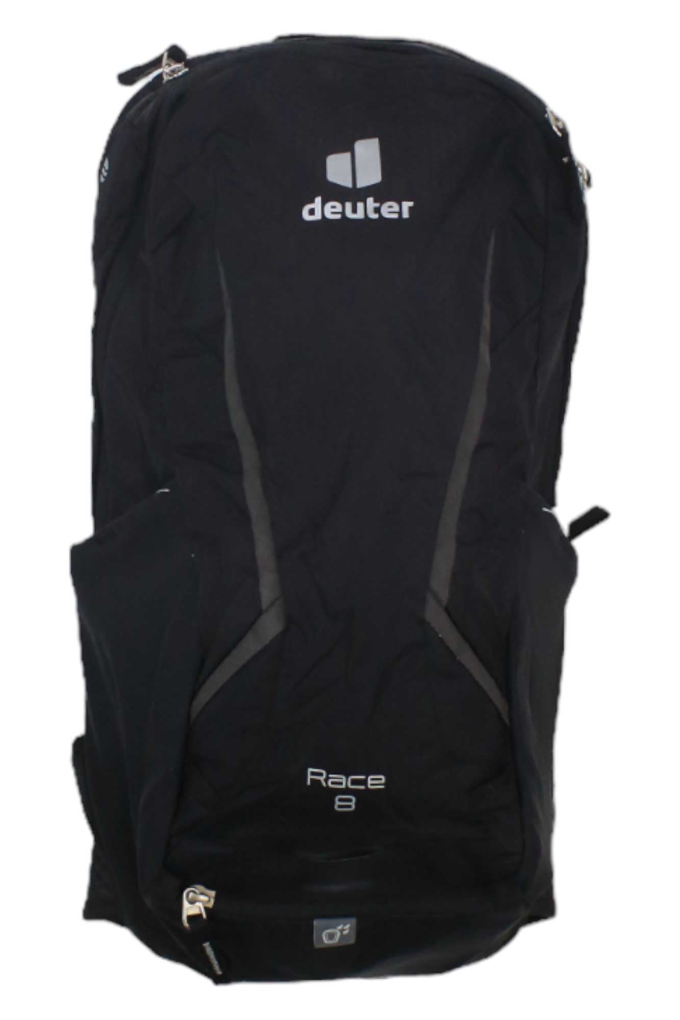 A black Deuter Race 8L Pack with gray accents, side pockets, and front Deuter logo plus Race 8 text. Hydration compatible and shown against a white background.