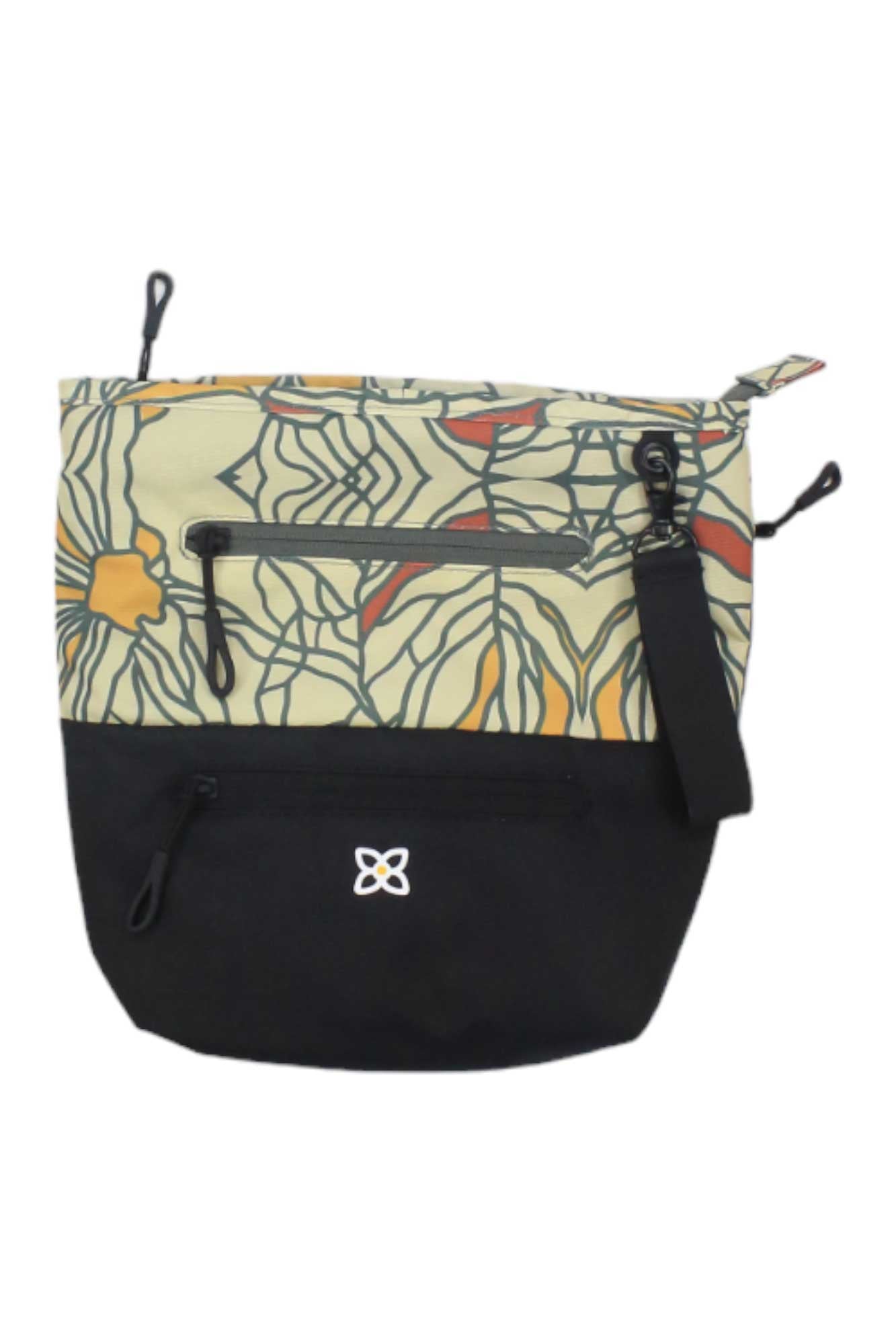 The Sherpani Women's Sadie Cross Body Bag features a black bottom, a floral abstract top in yellow, orange, and green, two zippered pockets, a small white logo on the black section, and is made from recycled materials.