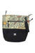 The Sherpani Women's Sadie Cross Body Bag features a black bottom, a floral abstract top in yellow, orange, and green, two zippered pockets, a small white logo on the black section, and is made from recycled materials.