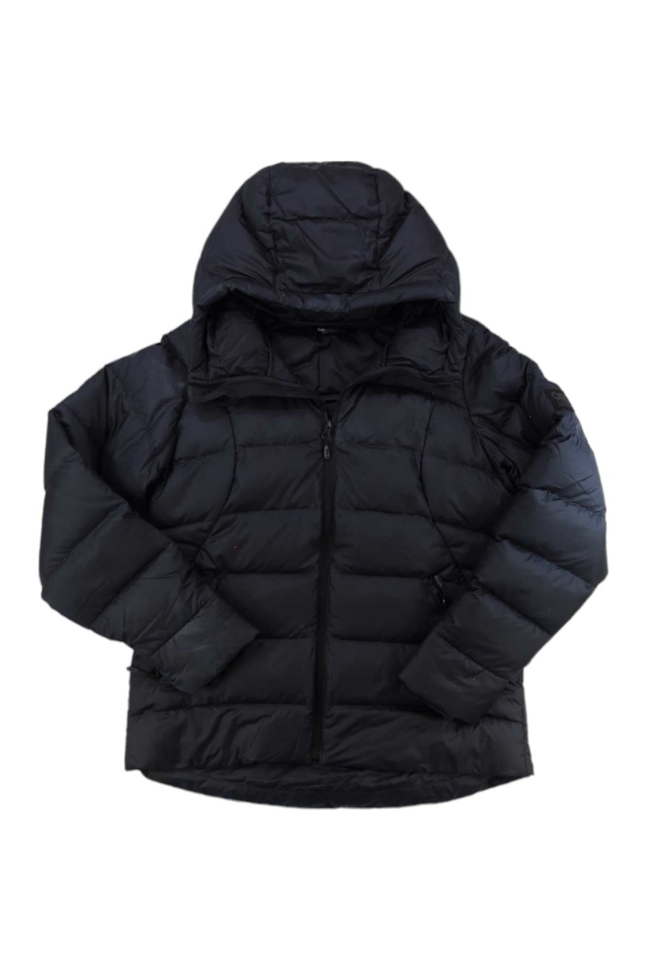 The Outdoor Research Womens Coldfront Down Hoodie in black features eco-friendly insulation, a hood, front zipper closure, and long sleeves, shown laid flat on a white background.