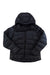 The Outdoor Research Womens Coldfront Down Hoodie in black features eco-friendly insulation, a hood, front zipper closure, and long sleeves, shown laid flat on a white background.