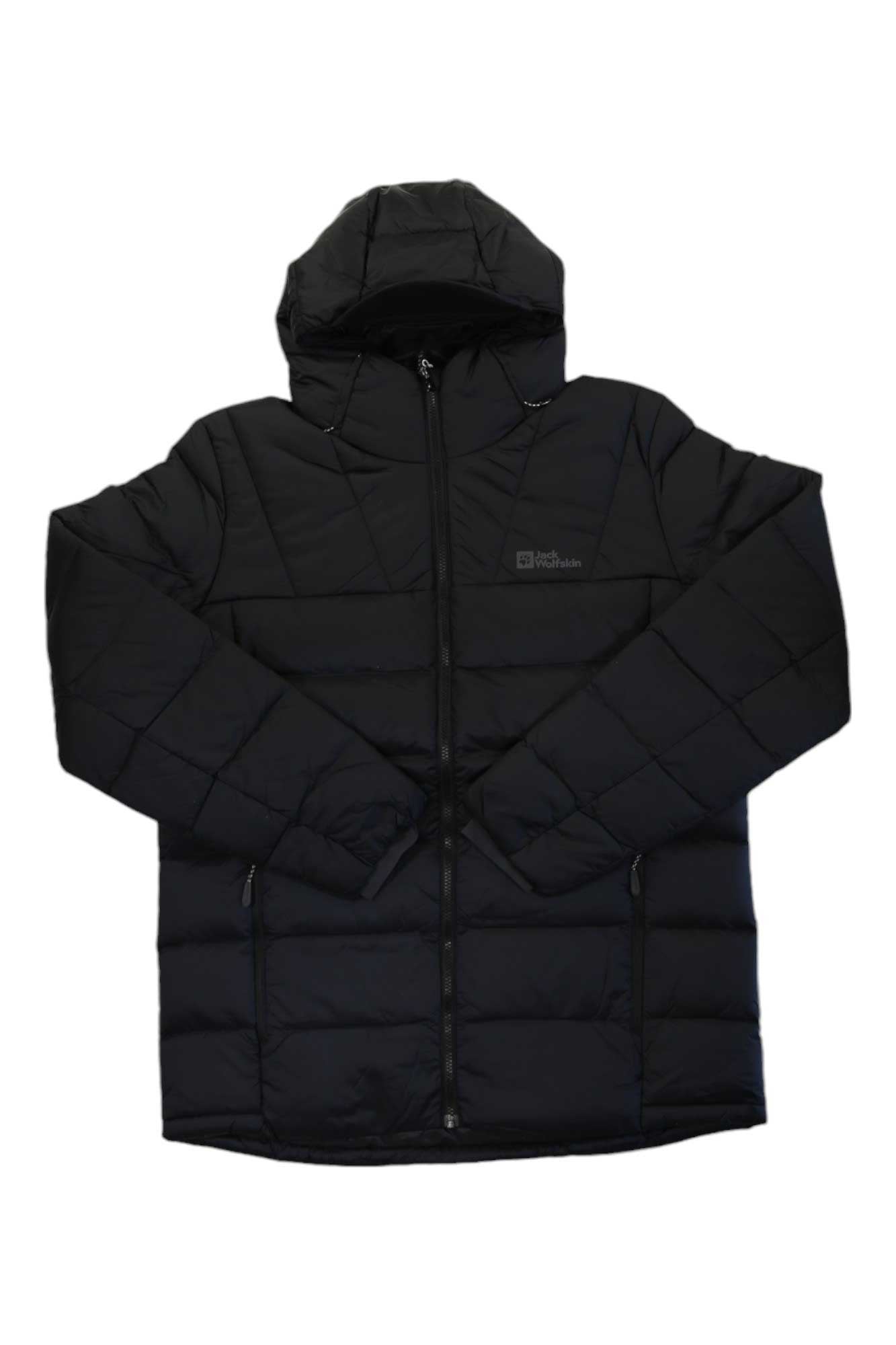 The Jack Wolfskin Mens Nebelhorn Down Hoody, a black puffer jacket with a hood, front zipper, and side pockets, is displayed flat against a white background.
