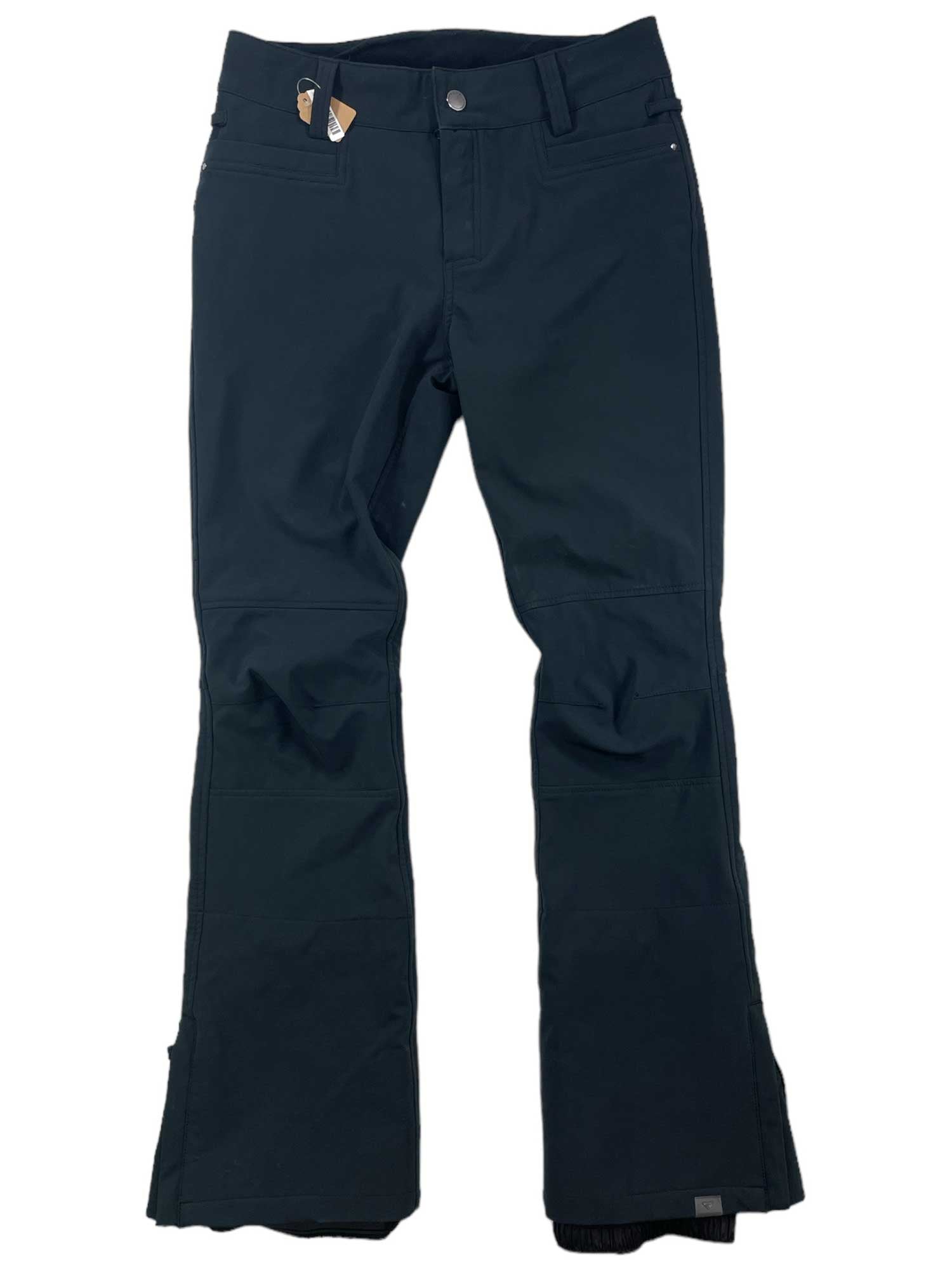 The Womens Creek Pants are black, straight-leg with front and back pockets, button and zip closure, slightly flared cuffs, and a ROXY DryFlight jacket-to-pant system for seamless pairing with your waterproof jacket.