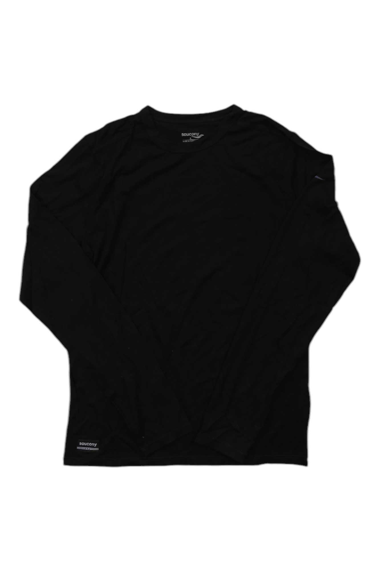 Saucony Peregrine merino long-sleeve top, black crew neck with small chest logo