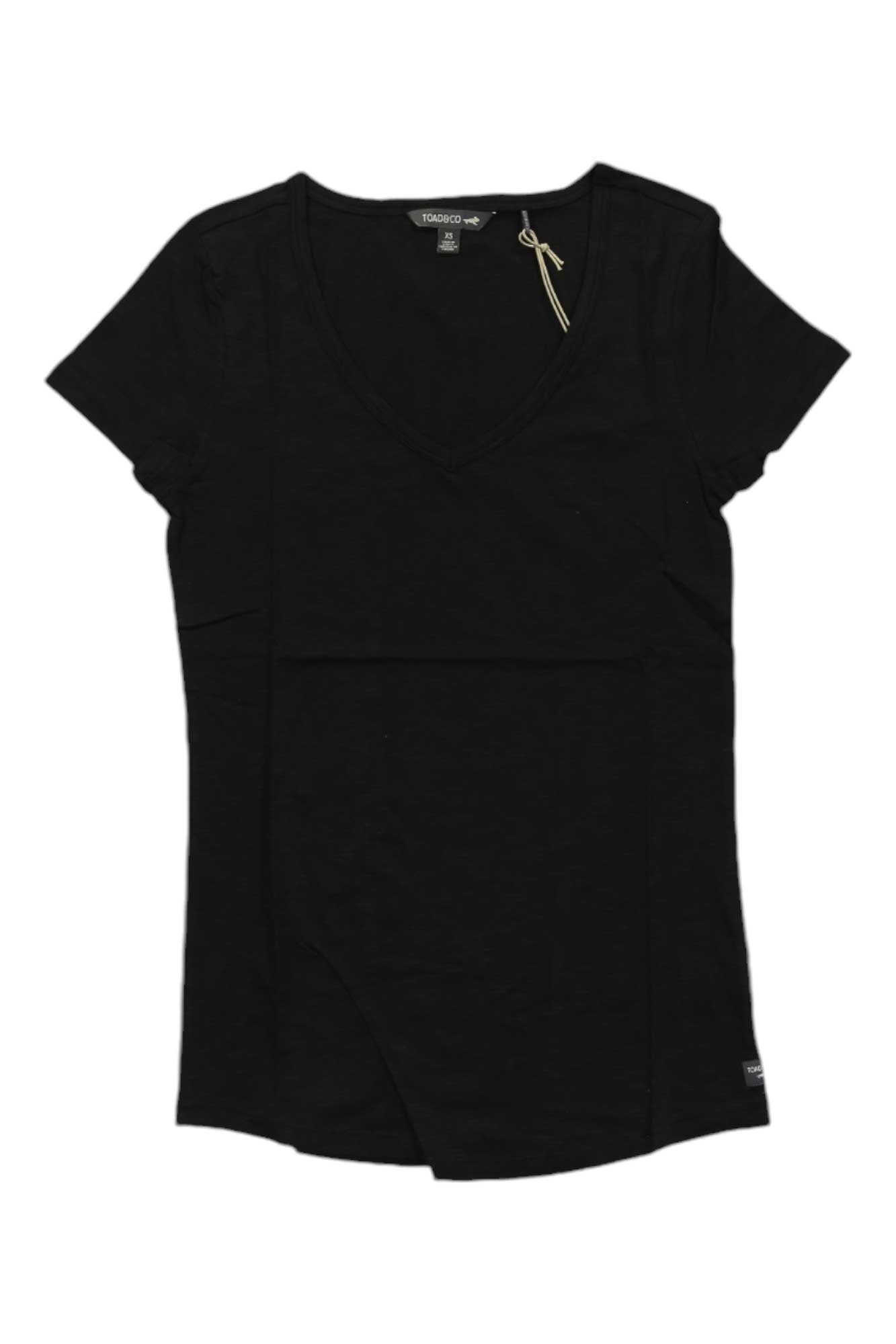 The Toad & Co Womens Marley II SS Tee, a plain black v-neck shirt, is laid flat on a white background, highlighting its simple design and casual style.