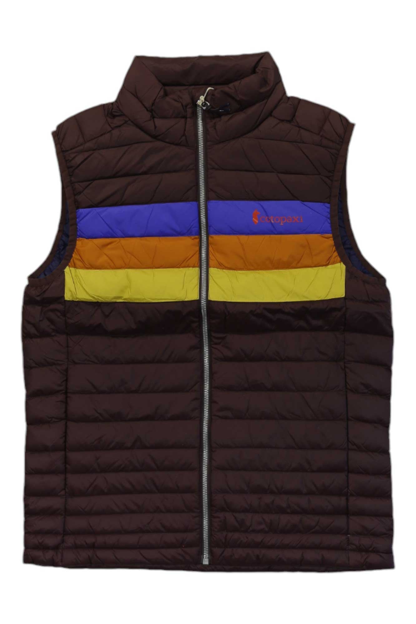 The Cotopaxi Mens Fuego Down Vest is sleeveless and brown, features blue, orange, and yellow horizontal chest stripes, water-resistant down insulation, a front zipper closure, and a red Cotopaxi logo on the left chest.