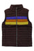 The Cotopaxi Mens Fuego Down Vest is sleeveless and brown, features blue, orange, and yellow horizontal chest stripes, water-resistant down insulation, a front zipper closure, and a red Cotopaxi logo on the left chest.