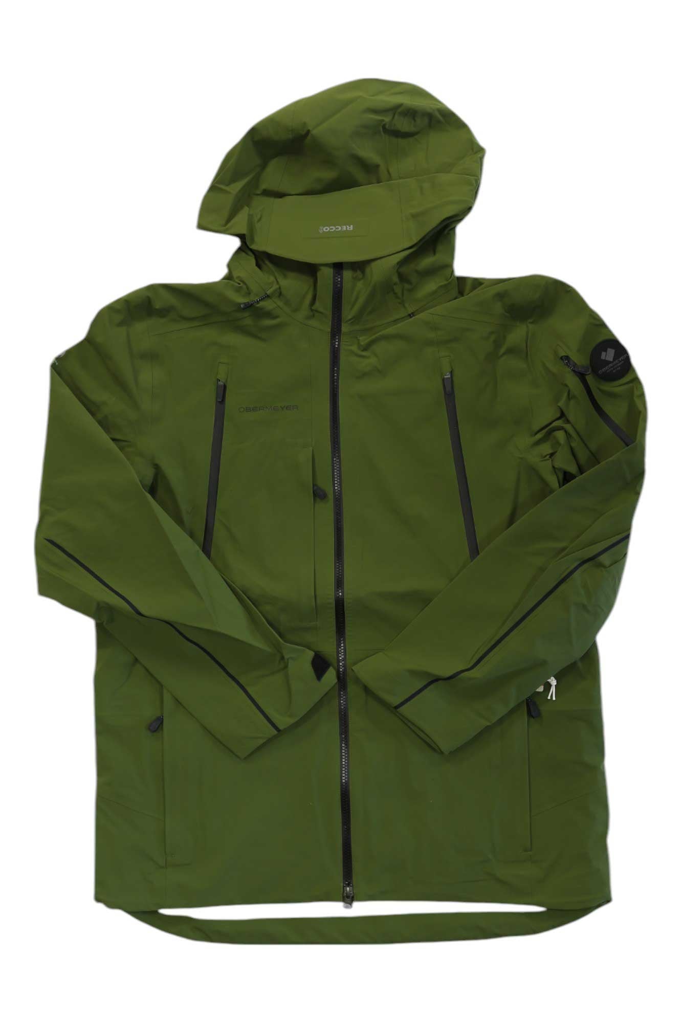 The Obermeyer Mens Highlands Shell Jacket is a green mountain jacket with HydroBlock Elite waterproof shell, black zippers, long sleeves, and a small black patch on the upper left arm, shown laid flat on a white background.