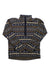 The Haglofs Mens Mora Midlayer Top is a navy long-sleeve fleece pullover with a quarter zip, high collar, and white and tan geometric patterns, made from recycled polyester.