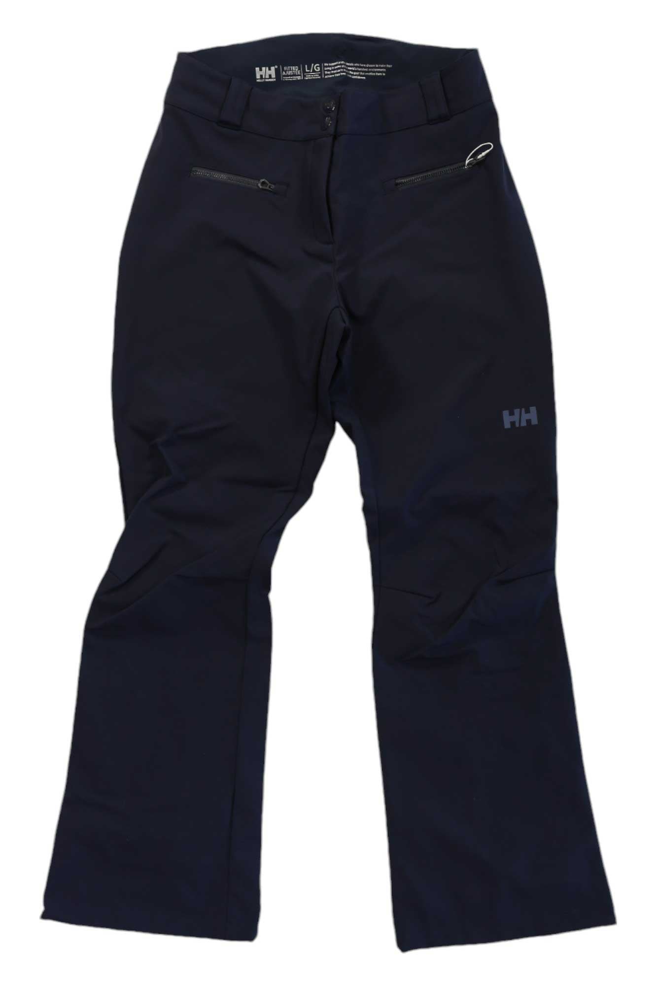 Women’s navy outdoor pants with zip fly, pockets, and HH logo