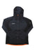 The Mammut Men's Eiswand Advanced ML Hooded Jacket is black with a front zipper, two zippered chest pockets, an orange hood lining, abrasion-resistant fabric, and long sleeves. It’s shown laid flat on a white background.