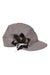 The Stormy Kromer Womens Petal Pusher Cap is a gray casual hat with a curved brim, featuring a black felt flower and white string bow on the side for stylish sun protection—a modern twist on the classic petal pusher.