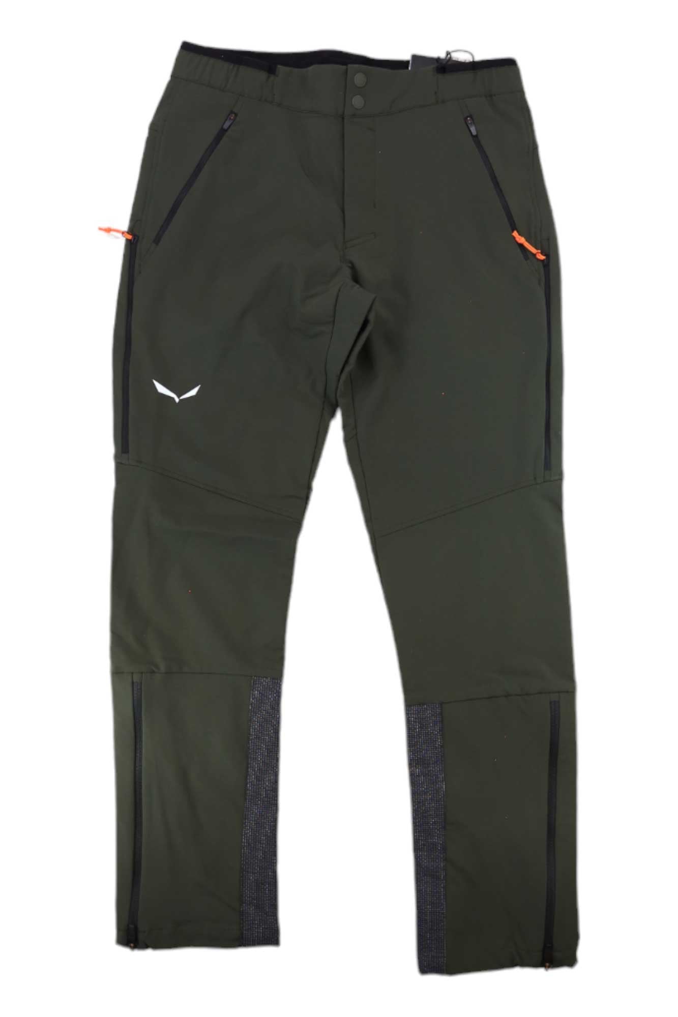 The Salewa Mens Lagorai DST Pant is a pair of dark green mountaineering pants with black zippered pockets, orange zipper pulls, a white logo on the upper left leg, reinforced lower legs, and a water repellent finish.