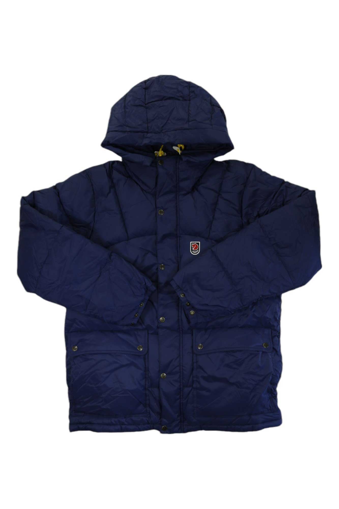 Hooded puffer jacket in navy blue, quilted, zip-front with hood and snap pockets.