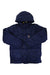 Hooded puffer jacket in navy blue, quilted, zip-front with hood and snap pockets.