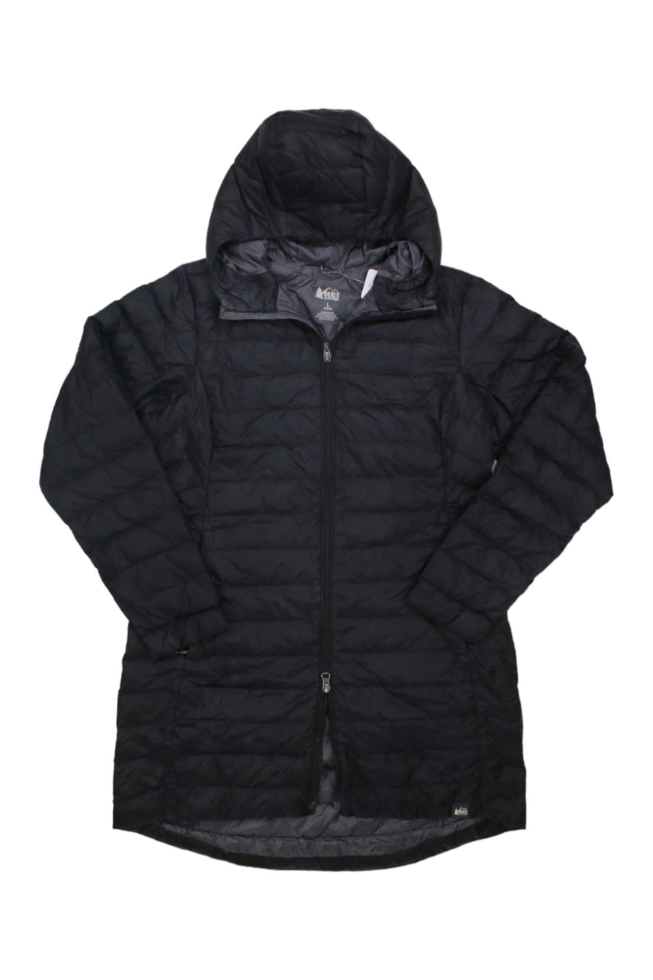 Women's 650 down parka, black hooded puffer jacket with full front zipper.