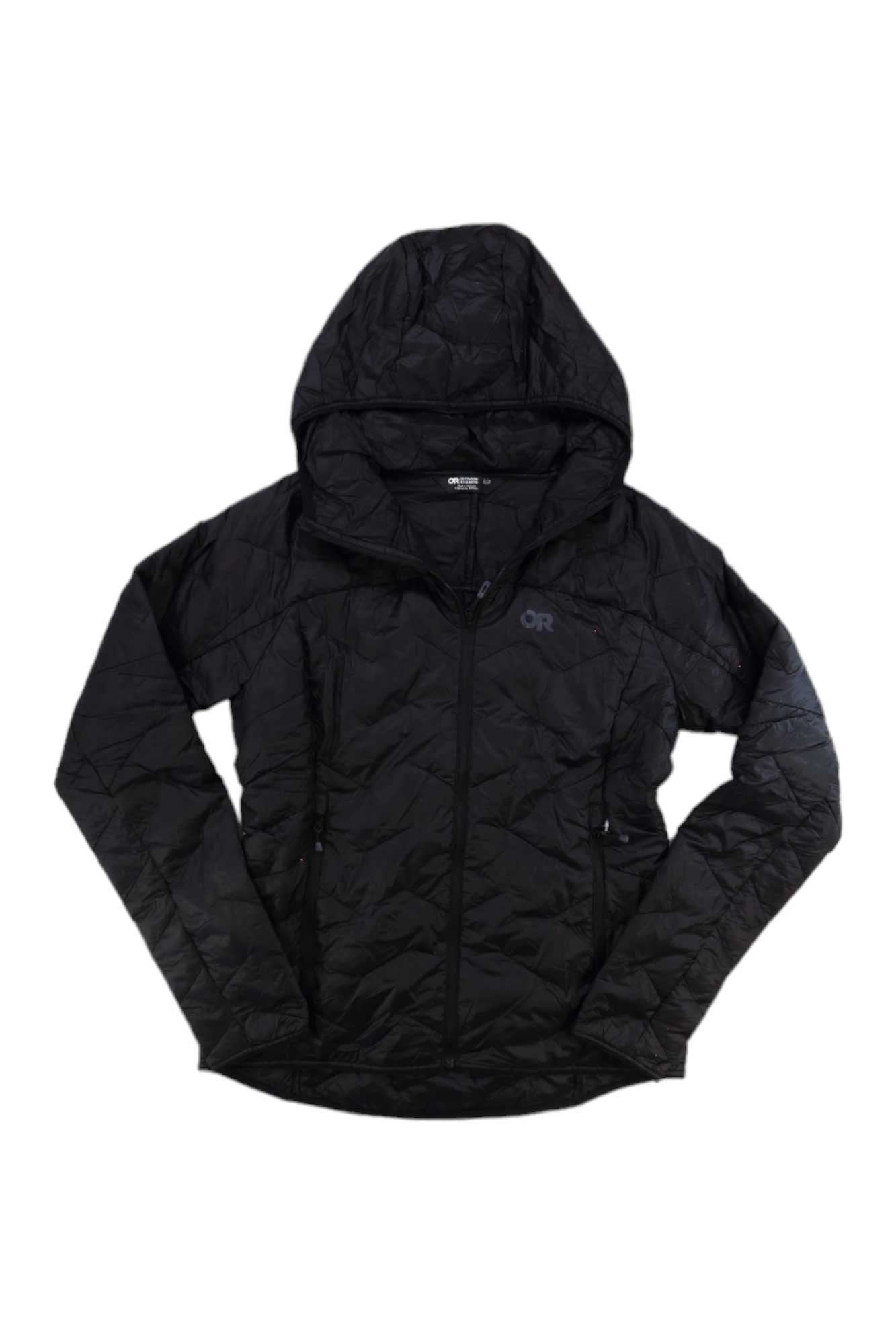 Black hooded down puffer jacket with full-length front zipper and drawstring hood
