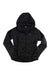 Black hooded down puffer jacket with full-length front zipper and drawstring hood